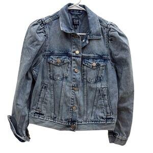 GAP Puff Sleeves Icon Denim Jean Jacket Womens Size M Light Wash Button Front